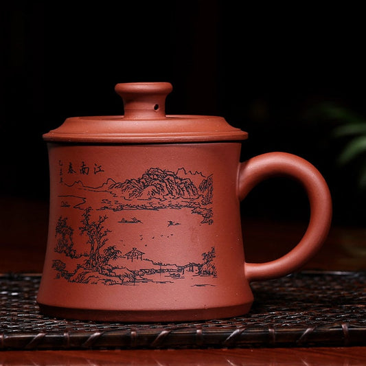 Chinese Yixing Zisha Red Clay Tea Mug with Lid, Yixing Zisha Pottery Tea Cup and Lid